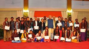 The Governor of Arunachal Pradesh Shri PB Acharya with workers of Forest Department in the Darbar Hall at Raj Bhavan Itanagar on 30th January 2017.